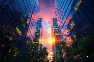 Poster - Modern skyscrapers reflecting a vibrant sunset, showcasing a blend of urban architecture and nature.