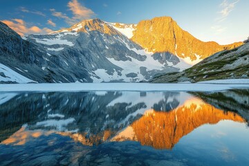 Aufkleber - Majestic mountain peak reflecting in a serene, partially frozen alpine lake at sunrise.