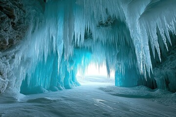 Poster - A breathtaking icy cave, illuminated with a turquoise glow, features numerous icicles hanging from its ceiling.