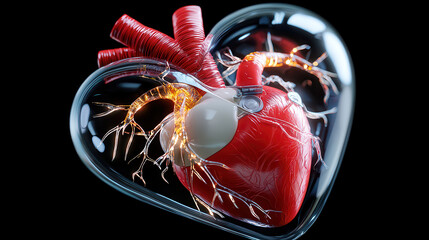 Leinwandbilder - 3D rendering of human heart with detailed arteries and veins encased in glass heart shape, showcasing intricate biological structures and vibrant colors