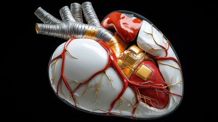 Poster - 3D rendering of human heart with detailed arteries and veins, showcasing intricate anatomical features and vibrant colors, set against dark background