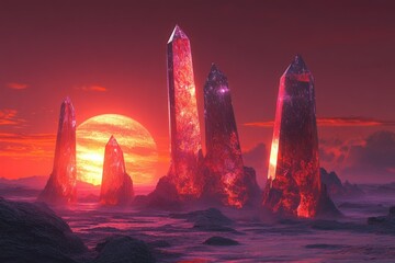 Poster - Crimson sunset illuminates a surreal landscape of towering, glowing crystal obelisks.