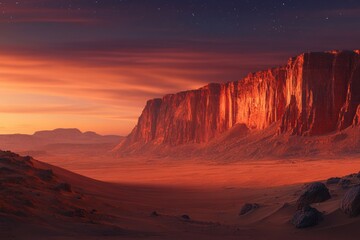 Aufkleber - A breathtaking sunset illuminates a massive red rock cliff face in a vast, desolate desert landscape.