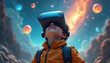 © Pete - Portrait of young boy in VR headset looking up in sky with planets. Kid experiences virtual reality, modern immersive education and entertainment technologies. Child dreams of space travel.