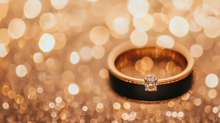 Sticker - Elegant diamond ring on shimmering golden background with bokeh