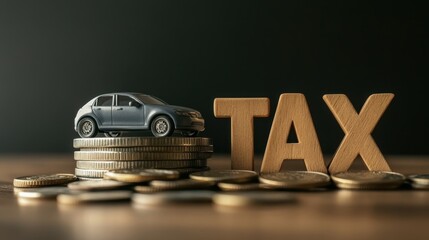 Toy car balancing on coin stack with tax sign business concept minimalist environment close-up view