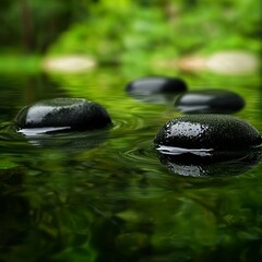 Wall Mural - Green leaves hover over a pyramid formed by Zen stones on the water's surface