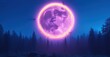 © antishock - Neon-lit full moon with glowing purple hues, encircled by vibrant neon tubing, illuminating a misty forest landscape under a deep blue sky, creating an ethereal night scene