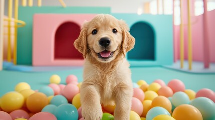 Wall Mural - Playful Golden Retriever Puppy in Colorful Ball Pit Environment