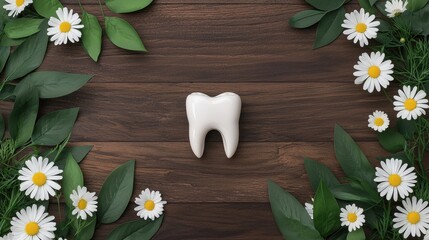 Poster - White Tooth Surrounded by Green Leaves and White Daisies on Wood