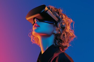Wall Mural - a woman is wearing a virtual reality headset in a neon light studio portrait