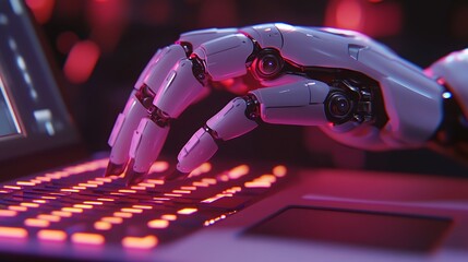 Robotic Hand on Laptop Keyboard, A close-up view of a robotic hand resting on a laptop keyboard
