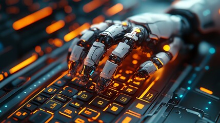 Robotic Hand on Laptop Keyboard, A close-up view of a robotic hand resting on a laptop keyboard
