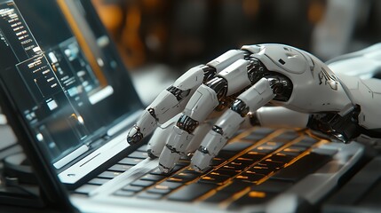 Robotic Hand on Laptop Keyboard, A close-up view of a robotic hand resting on a laptop keyboard