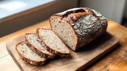 Freshly baked rustic multigrain bread on wooden cutting board, sliced to reveal its soft interior. Perfect for healthy meals and snacks