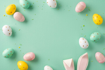 Wall Mural - festive arrangement of colorful easter eggs with polka dots and stripes, featuring bunny ears