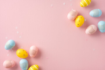 Wall Mural - pastel colored easter eggs decorated with stripes and dots arranged on a pink surface