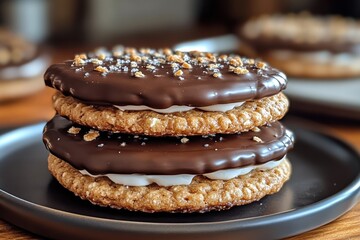 Wall Mural - Delicious homemade cookies layered with cream and dipped in chocolate on a rustic wooden table