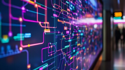 Wall Mural - colorful digital circuit board pattern with neon lines and nodes