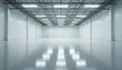 © Pete - Big empty warehouse interior, shiny white floors. Modern industrial room with no people. Huge space inside, metal structure, distribution, manufacturing, plant, depot, commercial stall for cargo