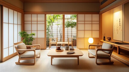 Canvas Print - Tranquil Japanese-style room with wooden furniture, shoji screens, and a serene garden view.