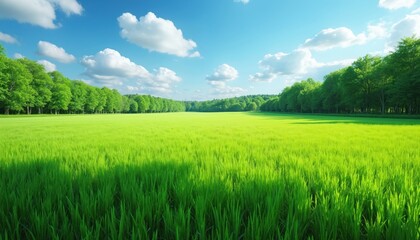 Wall Mural - Rich green grass field with blue sky, white clouds. Summer meadow with green trees row. Serene countryside landscape, clear horizon, sunny spring lawn background.