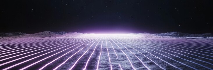 An abstract panoramic banner displays a futuristic 3D illustration of cyberspace buildings in neon hologram form, embodying the concept of digital city, technology, and connection