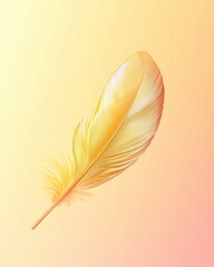 Golden Feather's Gentle Descent: A single, exquisitely rendered feather descends gracefully against a warm gradient backdrop, evoking a sense of delicate beauty and weightless serenity.