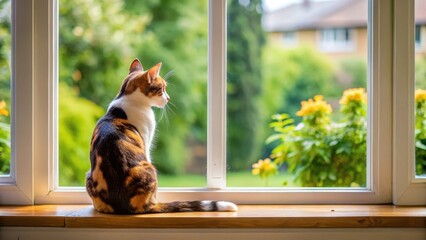 Wall Mural - Calico cat sitting on a windowsill with her back to the viewer, gazing out at the garden, feline, gentle,  feline, gentle