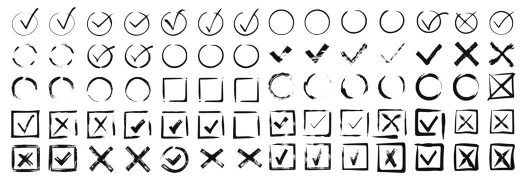 set of doodle check marks in circle and square frames, featuring brush stroke ticks and wrong cross markers. Perfect for hand-drawn vector designs, icons, selection marks, and UI elements.