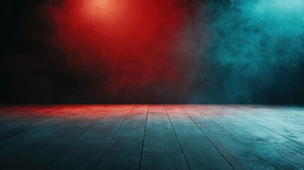 Poster - Dramatic Lighting on Wooden Floor with Colorful Fog Effects