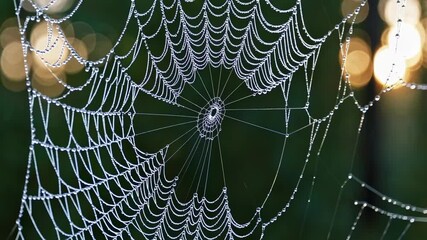 Close-up video of a dewy spider web, captured at eye level. The intricate pattern and morning light create a serene, natural ambiance.