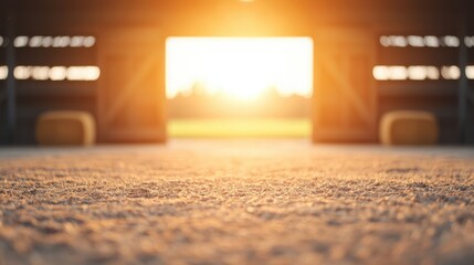 Poster - Warm Glow of Sunset Through Open Barn Door with Soft Floor Light