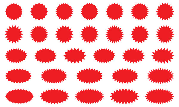 Starburst red sticker set - collection of special offer sale round and oval sunburst labels and buttons. Stickers and badges with star edges for promo advertising.