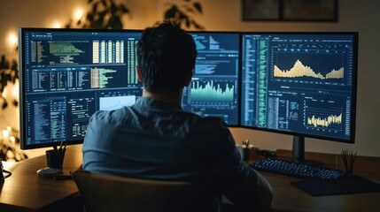 Aufkleber - Man analyzing data on monitors at night home office
