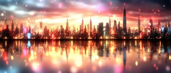 Poster - Stunning Cityscape at Sunset with Water Reflection Beautiful Urban Panorama