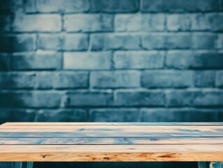 Fototapete - Wooden table with a rustic brick wall background in a cozy indoor setting