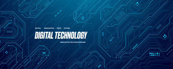 Fototapete - Futuristic AI circuit board background. Technology connected blue lines with electronics elements on tech bg. Computer motherboard with a chip, processor and semiconductor. Digital vector illustration