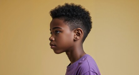 Wall Mural - Black African boy in plain yellow background wearing a red hoodie young teen side view portrait