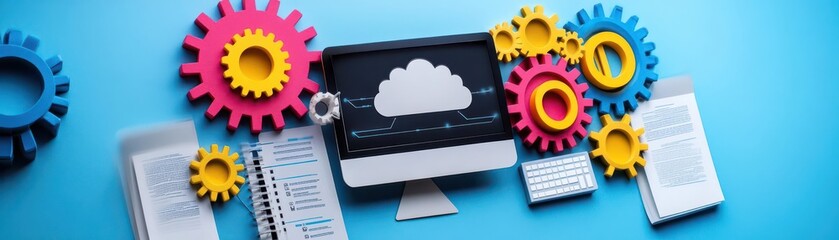 Aufkleber - A colorful representation of data management showcasing a computer connected to various documents