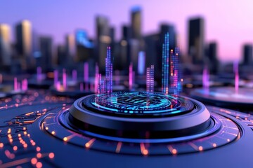 Aufkleber - A futuristic city skyline with abstract data visualizations and glowing elements representing technology and analytics