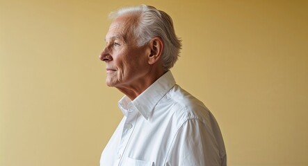 Canvas Print - Elderly Caucasian man in plain yellow background white shirt side view portrait