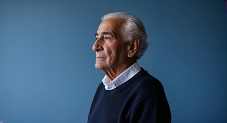 Canvas Print - Elderly Hispanic man in plain blue background black sweater side view portrait