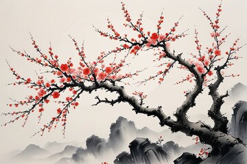 Wall Mural - there is a painting of a tree with red flowers on it