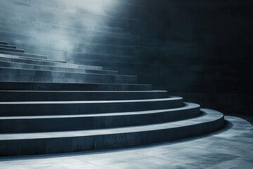 A dramatic close-up of the stage in a modern amphitheatre . A black and white image depicting steps leading into a dimly lit room, emphasizing shadows and depth.