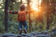 © ChaoticMind - Child joyfully exploring a forest trail during sunset while wearing an orange backpack