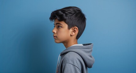 Wall Mural - Hispanic boy in plain blue background wearing a gray hoodie young teen side view portrait