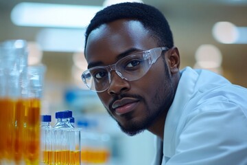 Fototapete - Scientist conducting research in laboratory with glass containers filled with amber liquid during daytime