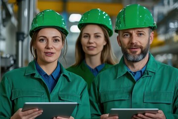 Leinwandbilder - Two workers in green hard hats and green overalls standing together in a factory environment
