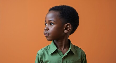 Wall Mural - Kid Black African boy in plain orange background red t shirt side view portrait